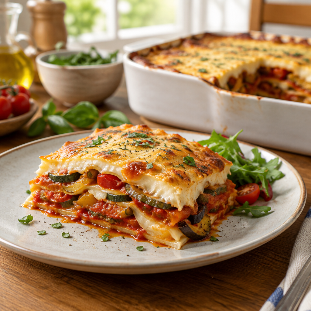 Illustrative serving of roasted Mediterranean vegetable lasagne with tomato sauce and béchamel